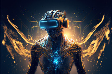 Obraz na płótnie Canvas a virtual human wearing a VR headset, surrounded by futuristic technology and programming languages. It is a representation of the growing trend towards virtual reality generative ai