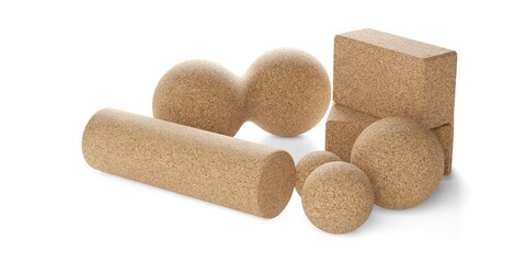 Fascia or trigger point massage cork tools, fascia or yoga roll, peanut, balls and blocks over white background