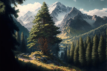 Summer landscape against the backdrop of huge mountains AI