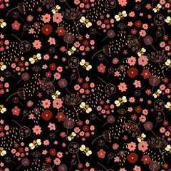 Abstract flower seamless pattern blooming on black background. Repeating floral vector design for wallpaper, print and card.