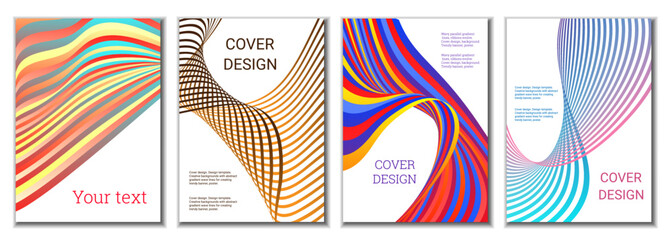 A set of 4 abstract covers. Wavy parallel gradient lines, ribbons evolve. Cover design, background. Trendy banner, poster.