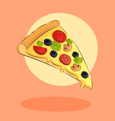 Slice of pizza with tomatoes, mushrooms, pepperoni, olives, herbs and cheese on a beige background