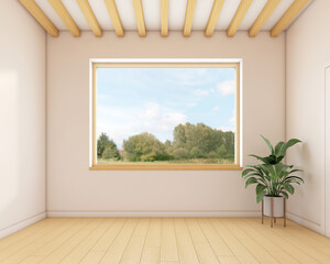 Japanese minimalist empty room with window and wood floor. 3d rendering