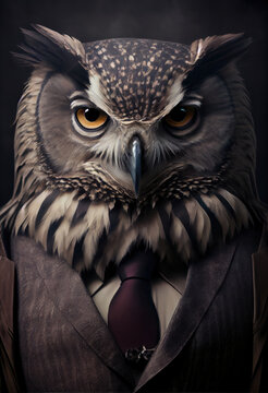 Portrait photo of an owl in a suit