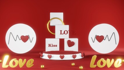 3D rendering of red podium for Valentine products on Valentine's Day.