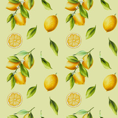 Watercolor seamless pattern with fresh ripe lemon with bright green leaves and flowers. Hand drawn cut citrus slices painting on background. For designers, postcards, party Invitations, wrapping paper