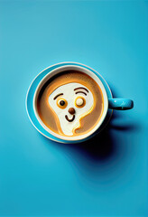 The milk on the coffee presents a cartoon face.