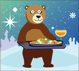 The brown funny bear holds a tray with healthy food