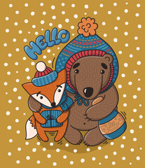 Vector card for holidays with two cute characters, bear and fox. Hand-drawn illustration in cartoon style. Creative doodle design for postcards and posters.