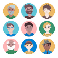People male portrait set. Avatar collection casual men different ages and nationalities. Vector cartoon illustrations isolated with round backgrounds. Bundle for representing person in social network.