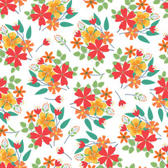 Fototapeta na wymiar Dainty floral seamless pattern of scandi flower bouquets. Allover printed surface pattern. Repeating flowery textured background