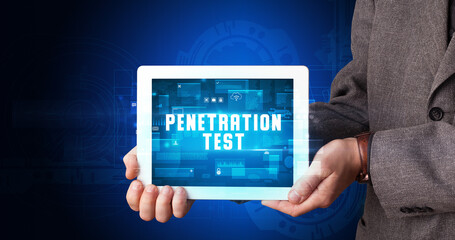 Person holding tablet, security concept