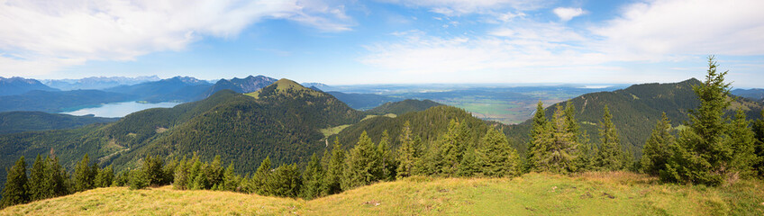 beautiful panoramic view from Hirschornl mountain to Bavarian alps and foothills