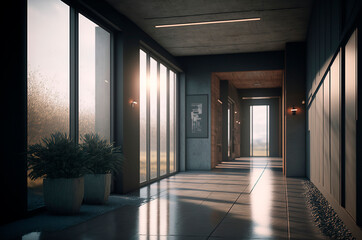 modern interior design of a gray corridor with plants