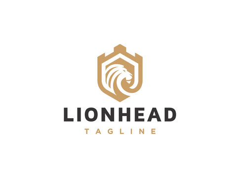 elegant lion head with castle building logo design