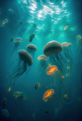 A school of Pacfic Sea Nettle jellyfish floating in turquiose water