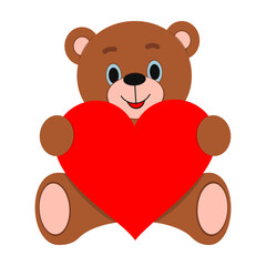 Vector illustration. Cute teddy bear with a big heart in his hands. Holiday.