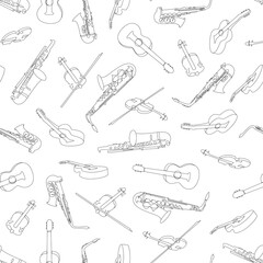 Music background with saxophone, violin, guitar - vector. Trendy solid continuous line style. Black and white pattern. Isolated on white background