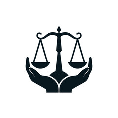 Law service logo design.
 Two hand holding justice scale balance. 
Professional, modern, creative and eye catching design. 
Judicial case solution. Attorney Lawyer court and weight measurement icon. 