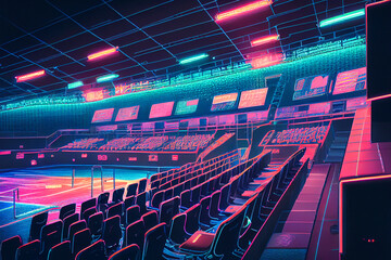 Fototapeta premium A neon-lit sports arena or stadium with glowing seats and bright, colorful scoreboards, ai illustration