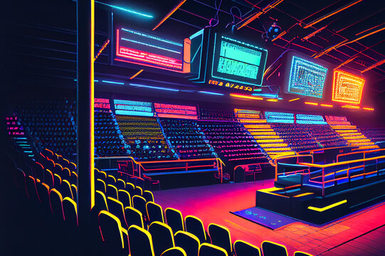 A neon-lit sports arena or stadium with glowing seats and bright, colorful scoreboards, ai illustration