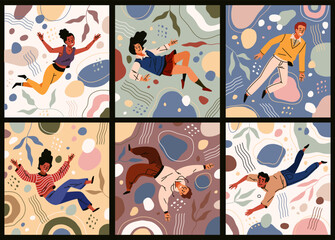 Abstract shapes and floating people. Bright inspiration concept, guys and girls soar among chaotic forms, weightlessness and freedom, falling young characters tidy vector set