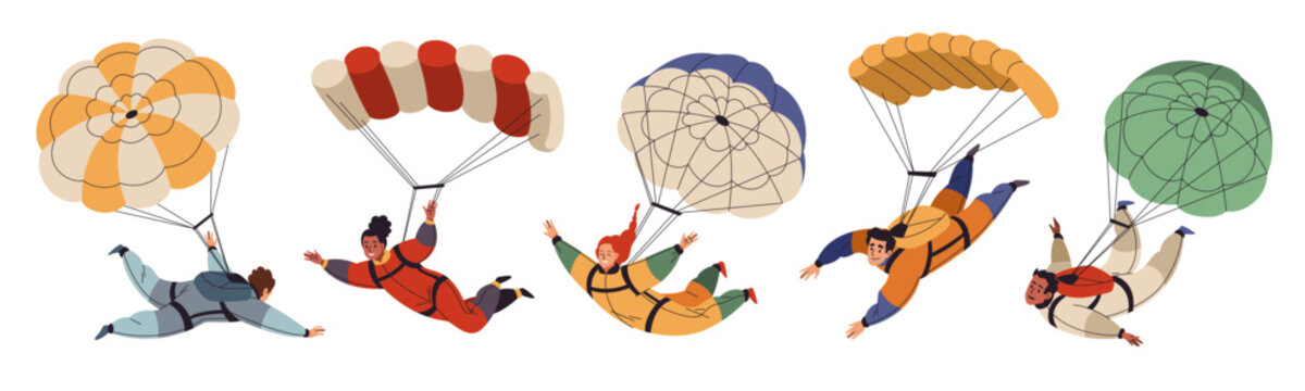 Cartoon skydivers characters. Cute guys and girls with open parachutes, jumping from an airplane, free fall, flying in sky, people falling in different poses, extreme sport, tidy vector set