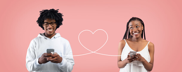 Young black man and woman using a matching app on smartphones