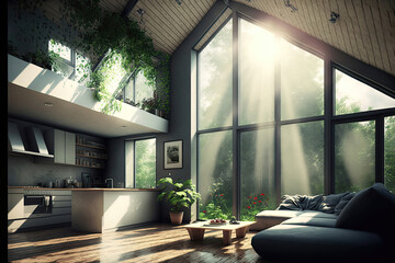 Fototapeta premium Eco-Friendly Living: A Room with Natural Light and Sustainable Furnishings. Generative AI