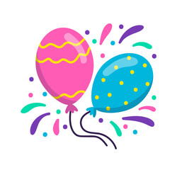 Colorful balloons with confetti for celebration birthday party. Illustration in cartoon sticker design