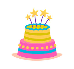 Birthday cake with stars candles for celebration party. Illustration in cartoon sticker design