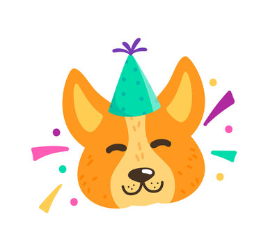 Cute smiling dog character head in festive hat celebrates birthday. Illustration in cartoon sticker design