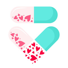 Love pill. The tablet is filled with hearts in a flat style.