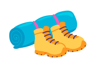 Hiking boots and mat for camping rest, trekking equipment. Illustration in cartoon sticker design