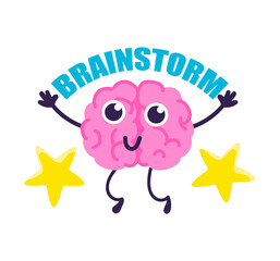 Happy brain with cute face brainstorm of creative ideas. Illustration in cartoon sticker design