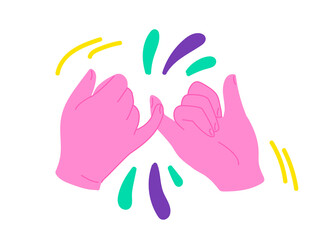 Human hands holding little fingers, pinky promise symbol. Illustration in cartoon sticker design