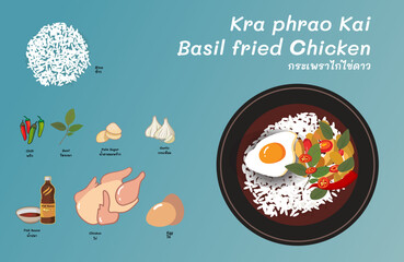 Thai food kra phrao kai basil fried chicken hot and spicy thai food top with fried egg - obrazy, fototapety, plakaty