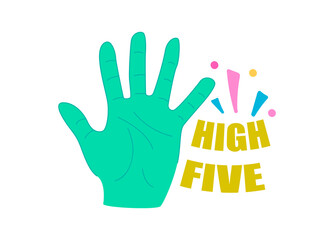 Fototapeta premium High five text and hand with open palm and spread fingers. Illustration in cartoon sticker design