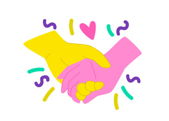 Human hands holding together, support and romantic gesture. Illustration in cartoon sticker design