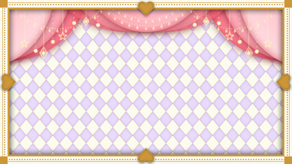 【8K】アリス風ハートのクラシックフレームとピンクのカーテン　薄紫色のダイヤ模様