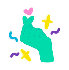 Obraz premium Human hand with two fingers shows Korean symbol of love. Illustration in cartoon sticker design