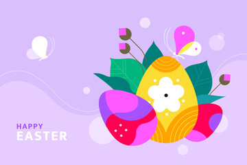 Happy Easter banner concept. Vector cartoon illustration with three abstract easter eggs on the background of leaves and flower buds. Isolated on a light lilac background