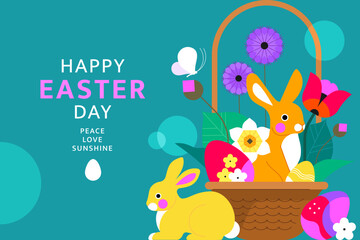 Happy Easter banner concept. Vector cartoon illustration in a trendy flat style of the basket with spring flowers, bunny, and easter eggs, isolated on a green background. A place for your text