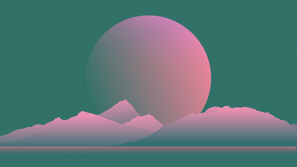 Aesthetic illustration of soft pastel neon mountain and big sunset view landscape, nostalgia retrowave / vaporwave VHS vibes mono pastel pink and green gradient