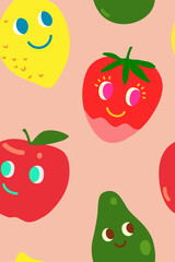 Cute doodle fruits on pastel pink background, flat fruits cartoon fun summer vibe seamless pattern