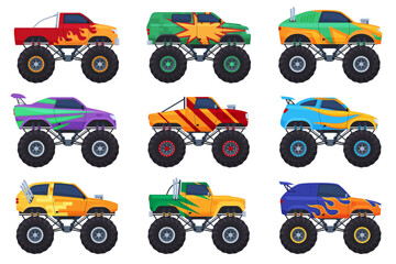 Monster trucks. Big cars with big tires for extreme shows. Powerful off-road machines. Vector illustration © Igor