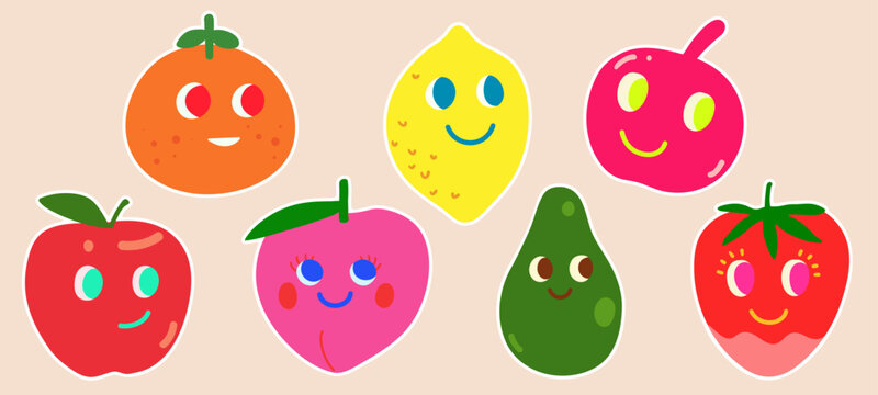 A set of cute fruits pins/ stickers design collection, kawaii, fun and adorable, simple colorful, flat hand drawn childish doodle style