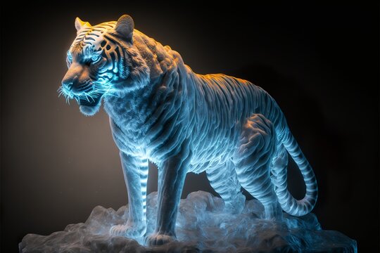 Majestic full body tiger ice statue with ferocious staring eyes and with a blue glow underneath