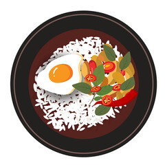 kra phrao kai basil fried chicken hot and spicy thai food top with fried egg isolated. - obrazy, fototapety, plakaty