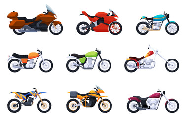 A set of different motorcycles. Two-wheeled transport of various types, sports, cross-country, for travel. Vector illustration